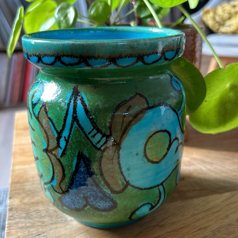 Vintage hand-painted Ceramic Pot/ Vase in Vibrant blues and greens.